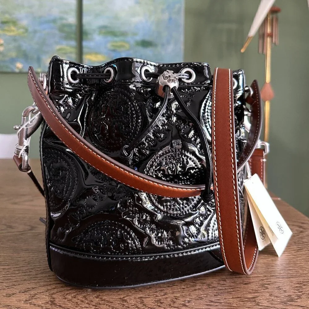 NWT! New! Tory Burch T Monogram Embroidered Patent Bucket Bag -BLACK Large